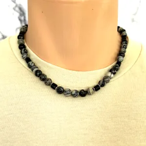 Mens Black Water Jasper and Black Wood Beaded Necklace