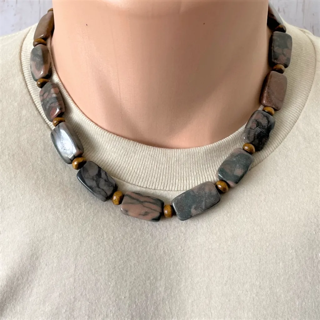 Mens Brown and Black Rectangle Marble Beaded Necklace