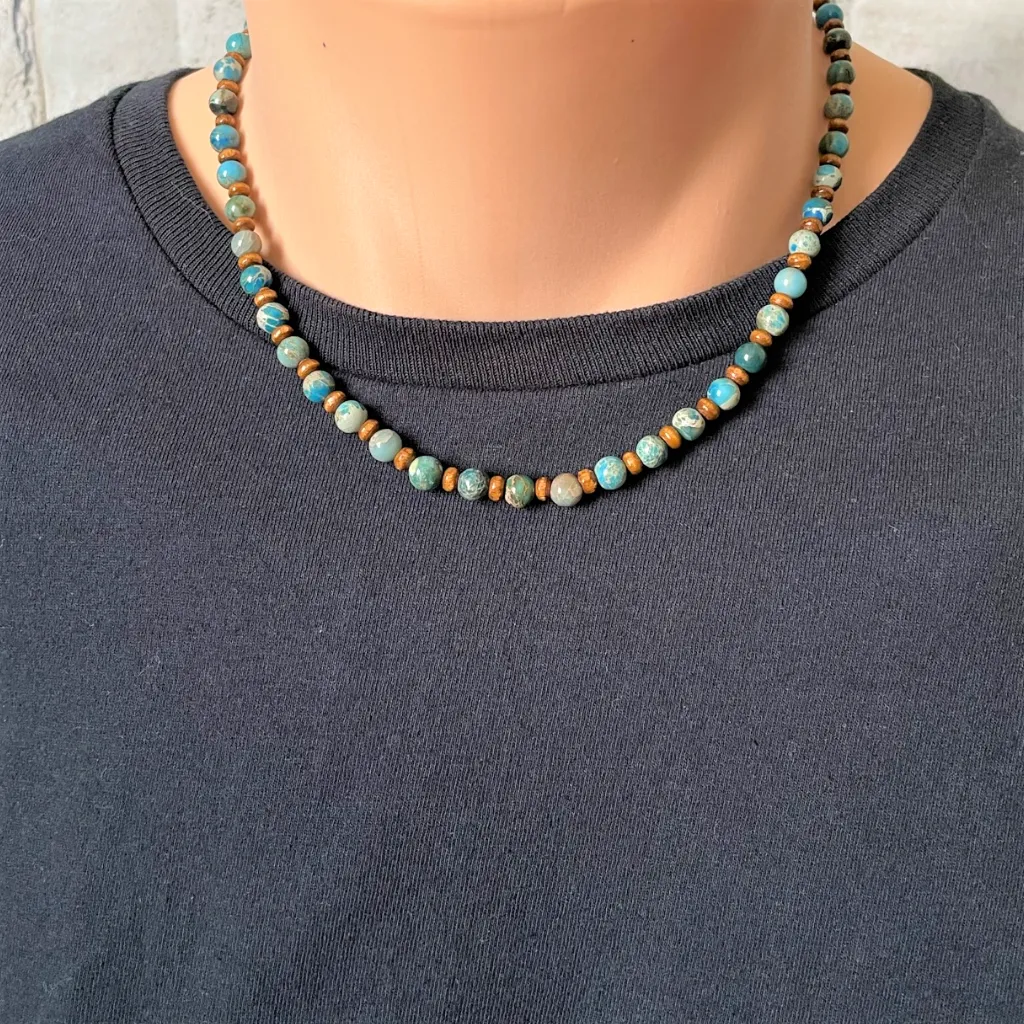 Mens Teal Impression Jasper and Brown Wood Necklace