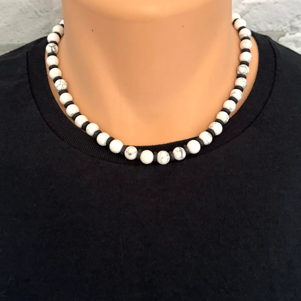 Mens White Howlite and Black Lava Beaded Necklace