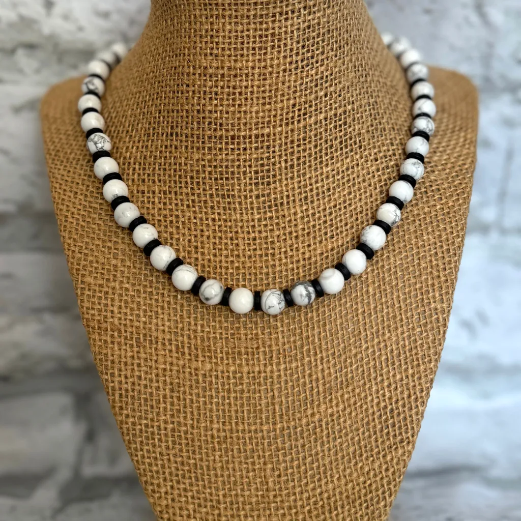 Mens White Howlite and Black Lava Beaded Necklace