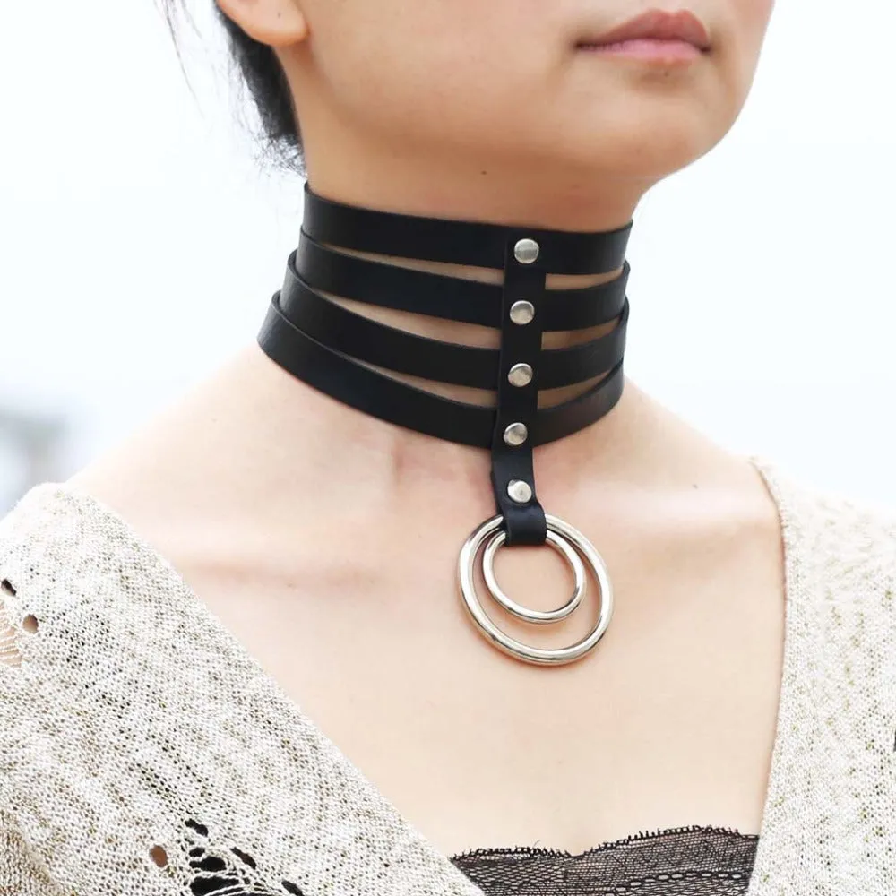 Multi Layer Faux Leather Ring Choker