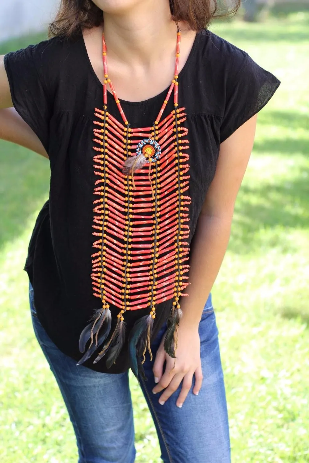 N416- Price Reduced! - Handmade Bone Chokers / Necklace orange