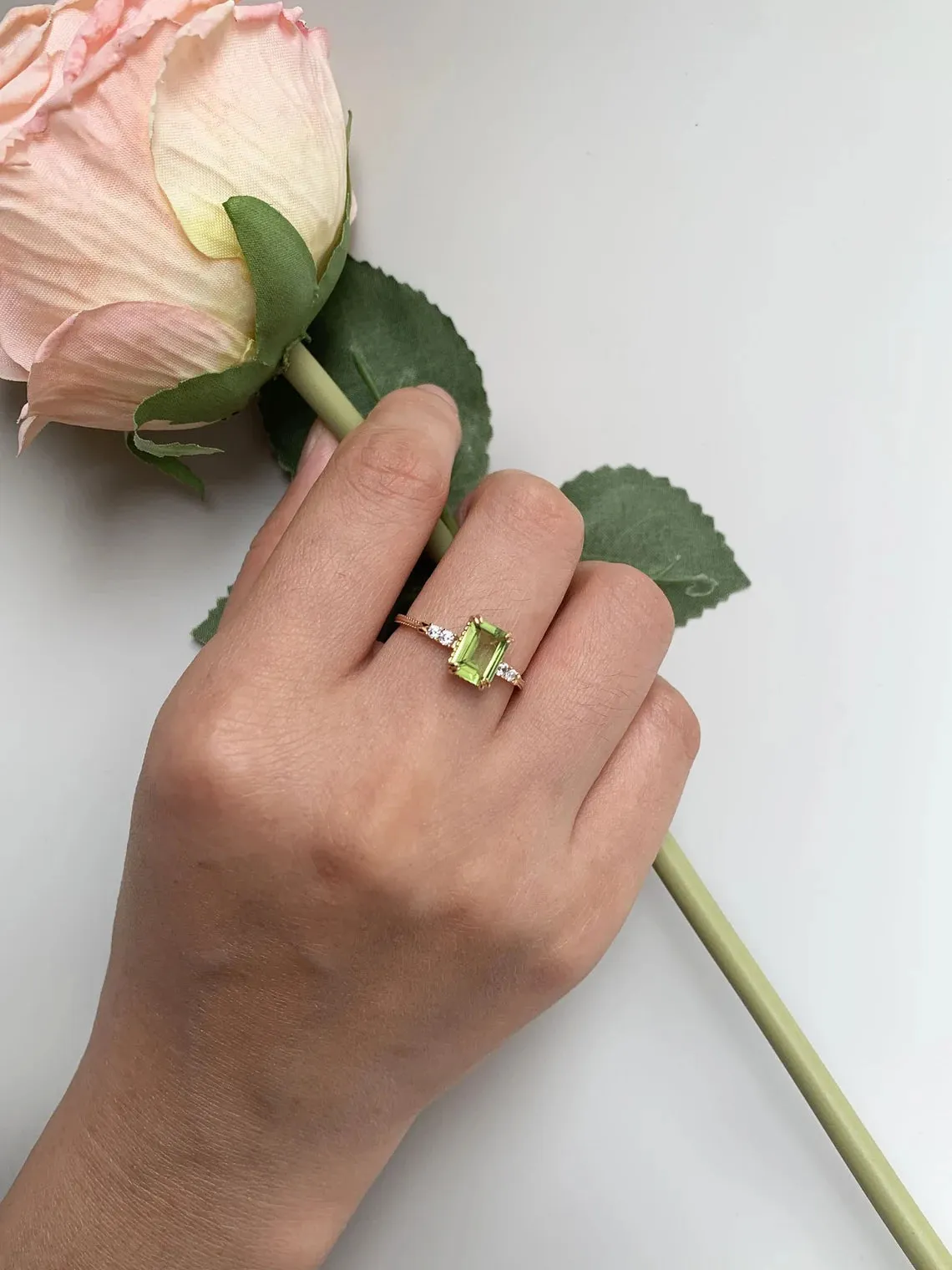 Natural Emerald Cut Peridot 14k gold vermeil Solitaire Rings