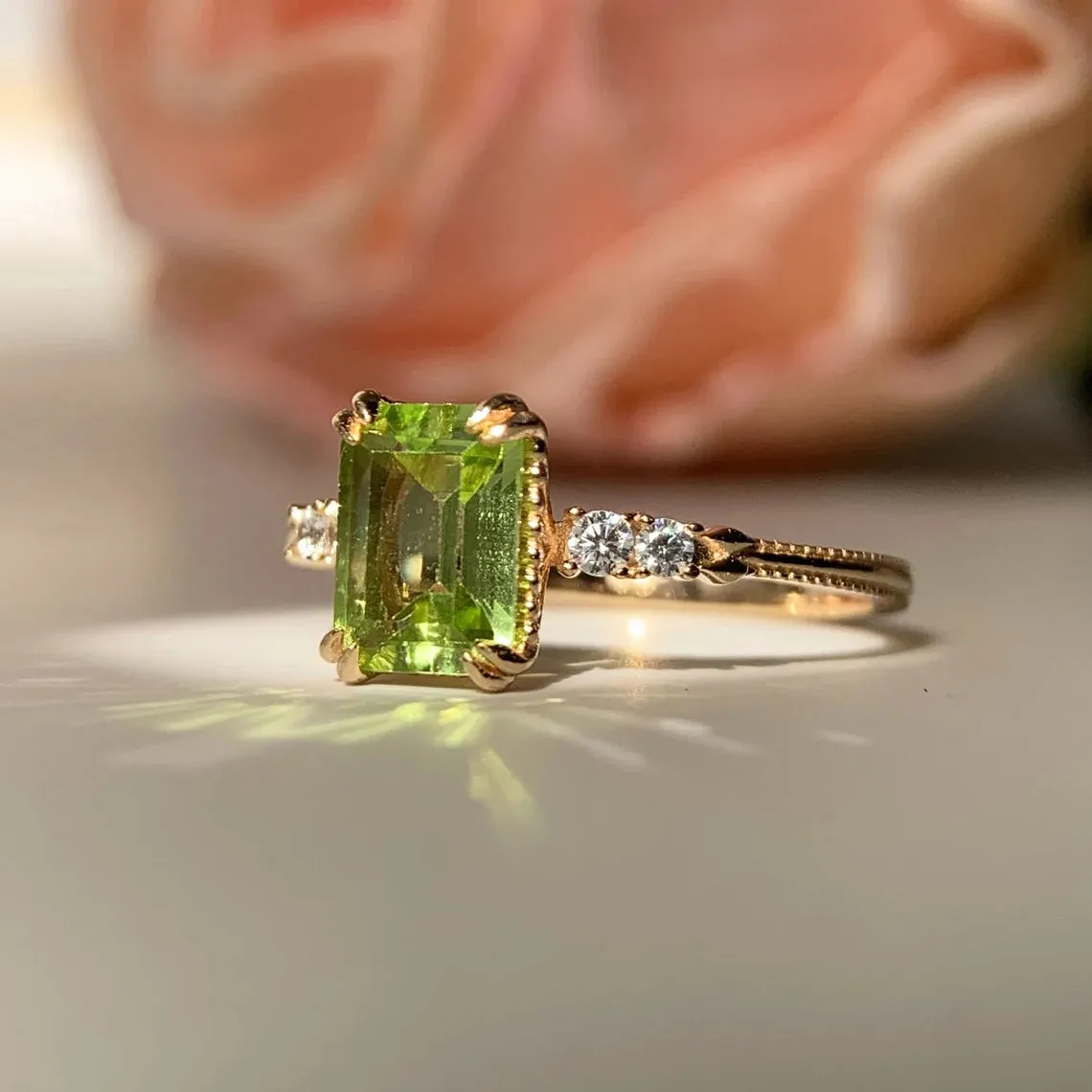 Natural Emerald Cut Peridot 14k gold vermeil Solitaire Rings