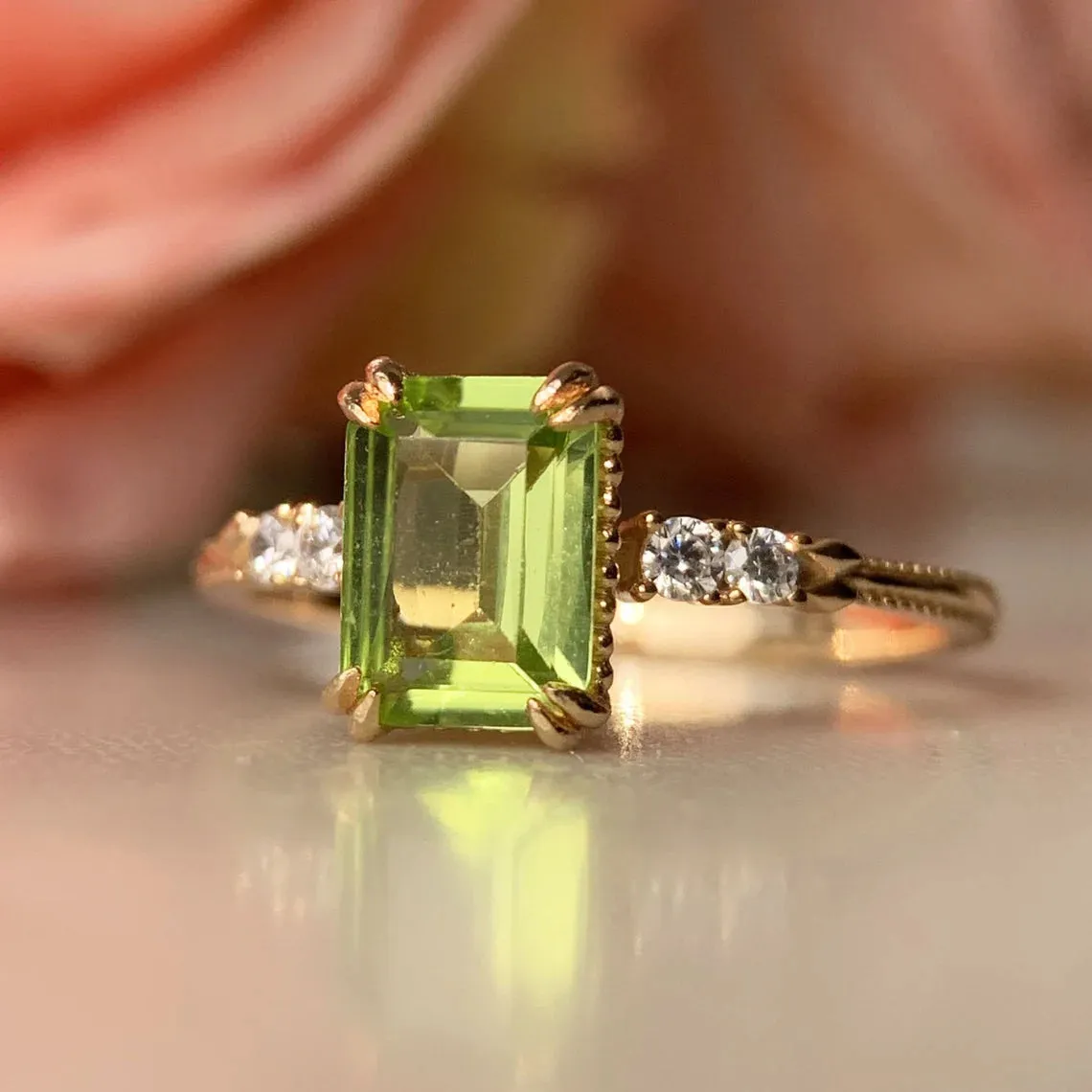 Natural Emerald Cut Peridot 14k gold vermeil Solitaire Rings