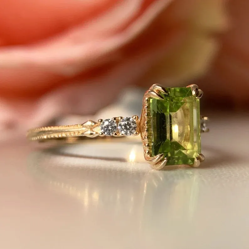 Natural Emerald Cut Peridot 14k gold vermeil Solitaire Rings