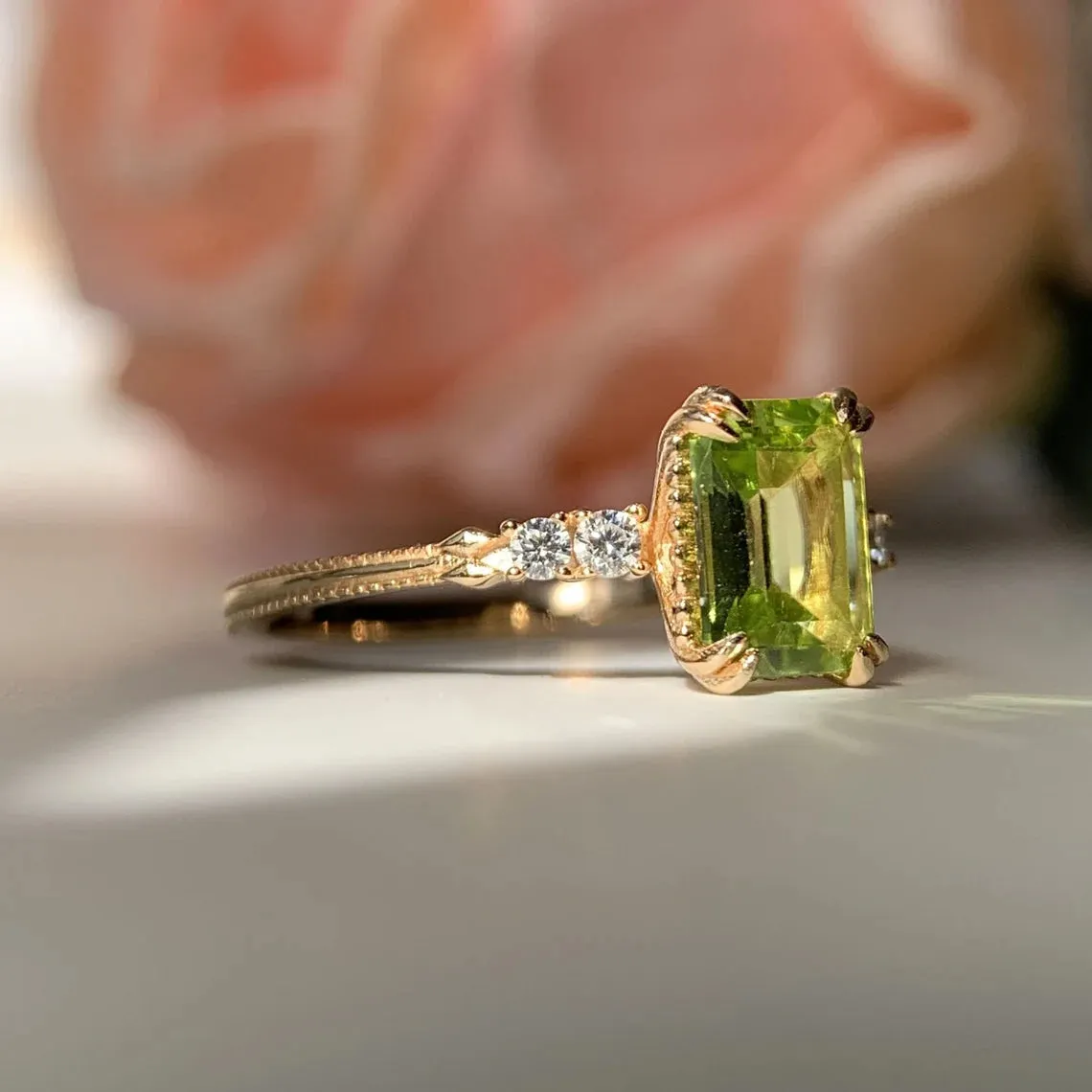 Natural Emerald Cut Peridot 14k gold vermeil Solitaire Rings