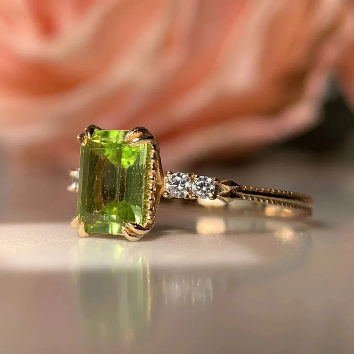 Natural Emerald Cut Peridot 14k gold vermeil Solitaire Rings