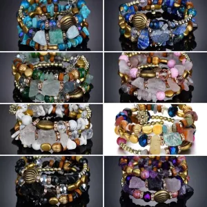 Natural Stone and Beaded Wrap Bangle Bracelets