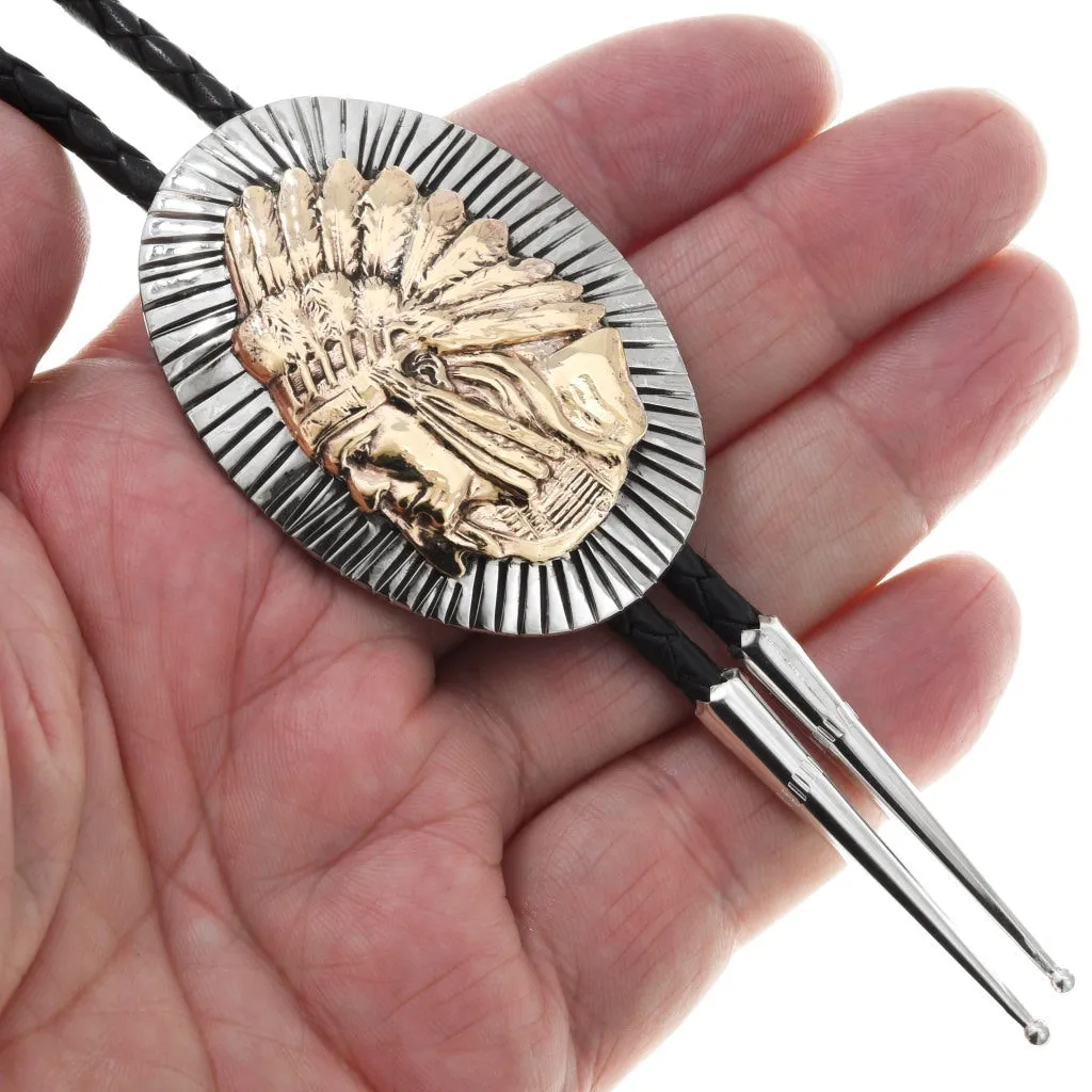 Navajo Gold Indian Chief Silver Bolo Tie