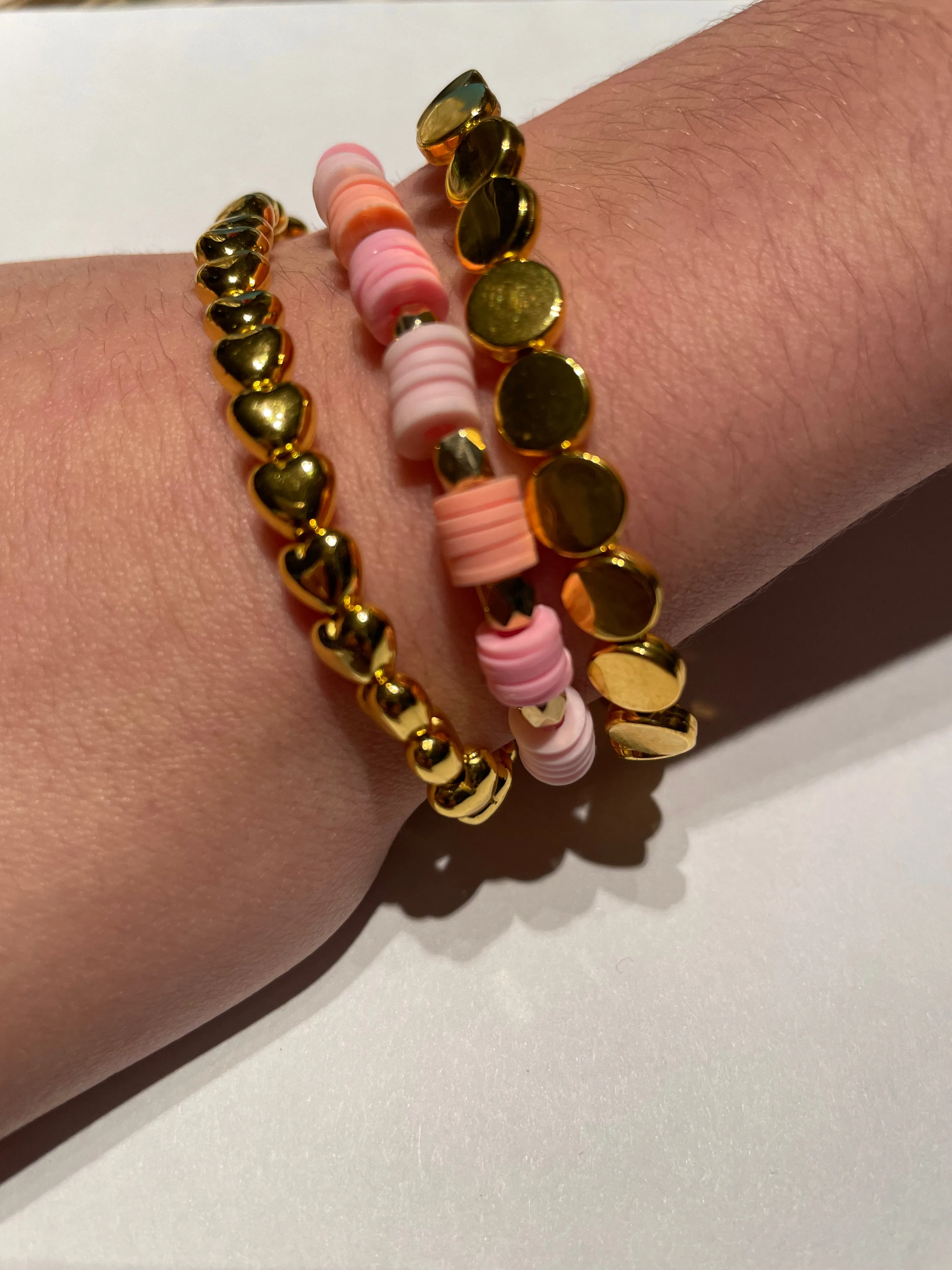 New Beaded Stretchy Clay Bead Set/3 Bracelets Handmade Kids Teens Pink and Gold