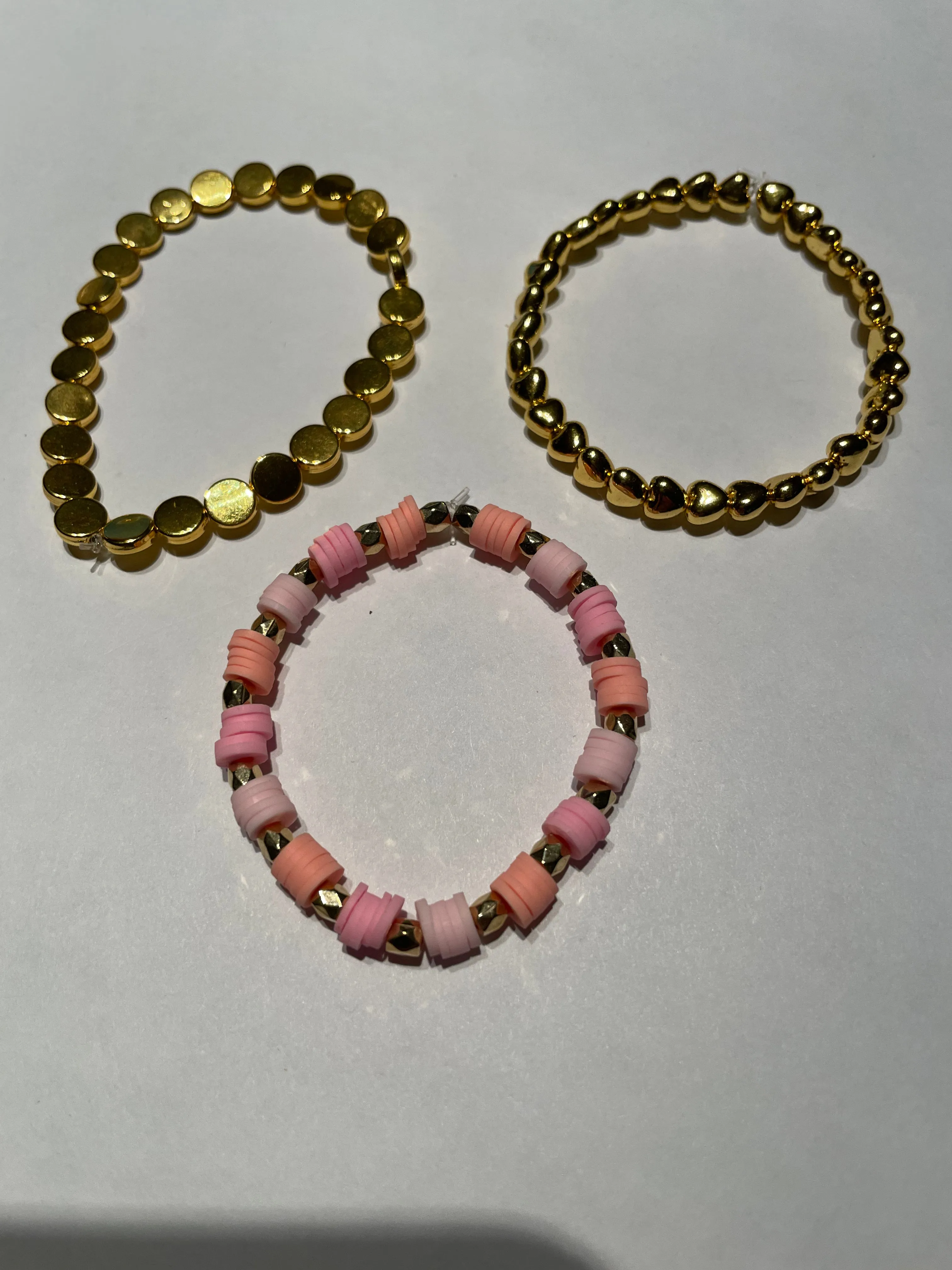 New Beaded Stretchy Clay Bead Set/3 Bracelets Handmade Kids Teens Pink and Gold