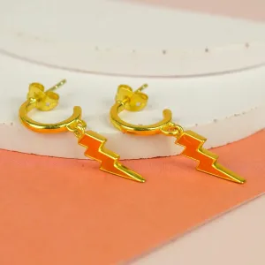 Orange Enamel Lightning Bolt Gold Hoop Earrings