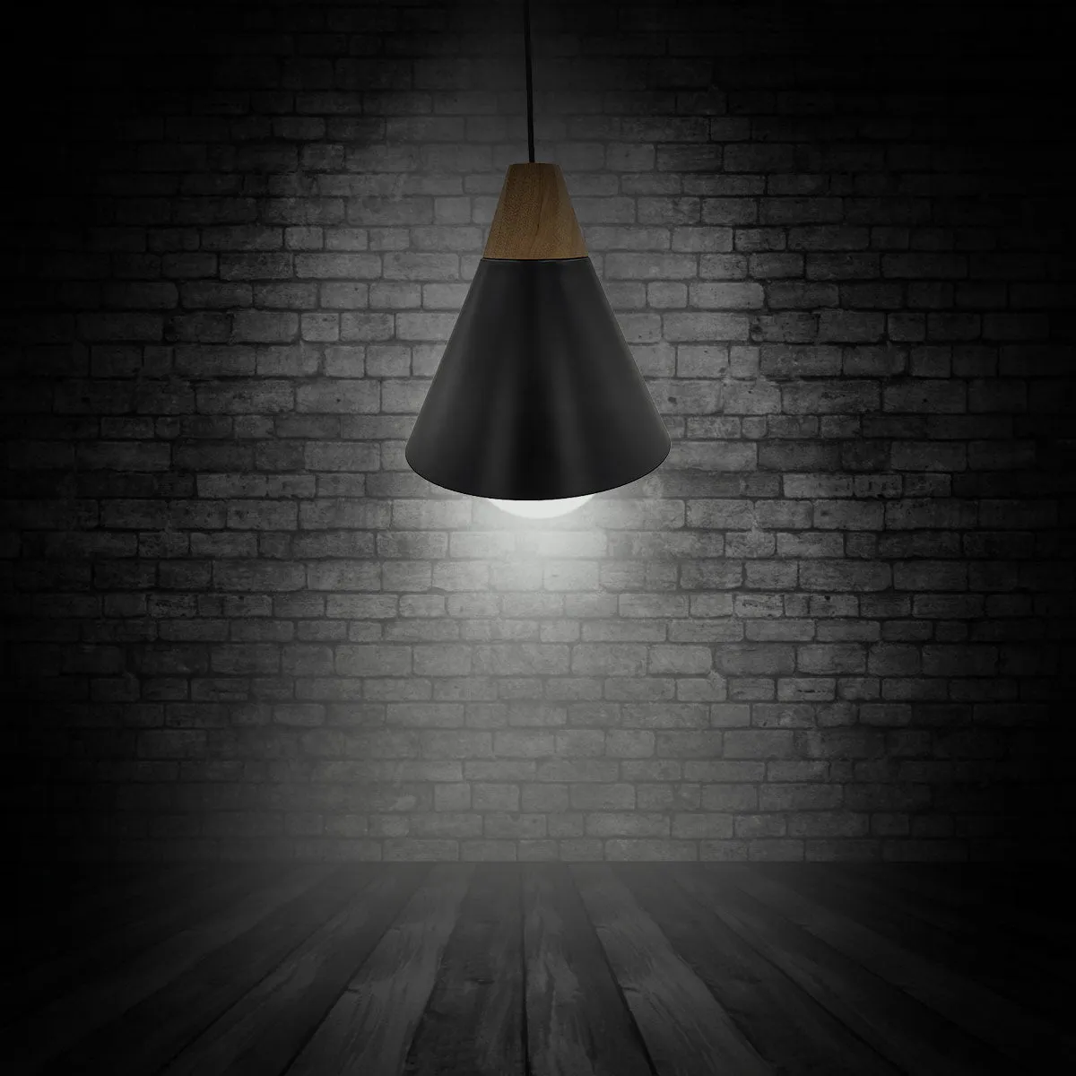 Pendant lamp black with metal and wood accent