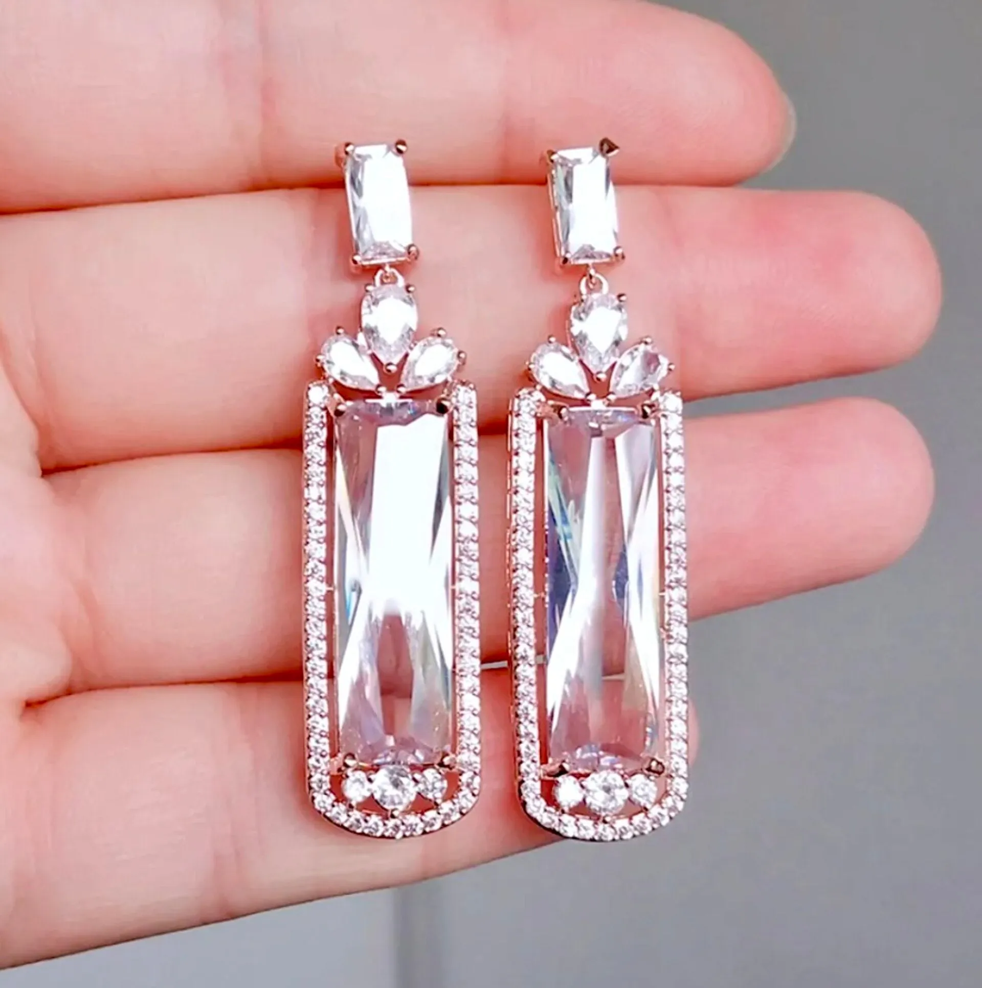 "Corinne" - Geometric Cubic Zirconia Bridal Earrings - Available in Silver, Rose Gold and Yellow Gold