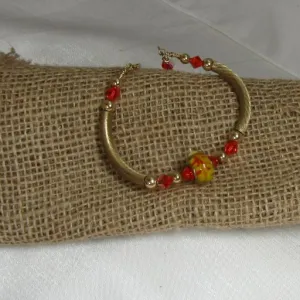 Red & Gold Artisan Bead Gold Bangle Bracelet