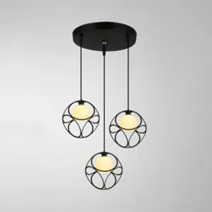 Retro Cubic Cage Metal Pendant Light with White Glass Shade - 3 Head Suspension Lamp in Black