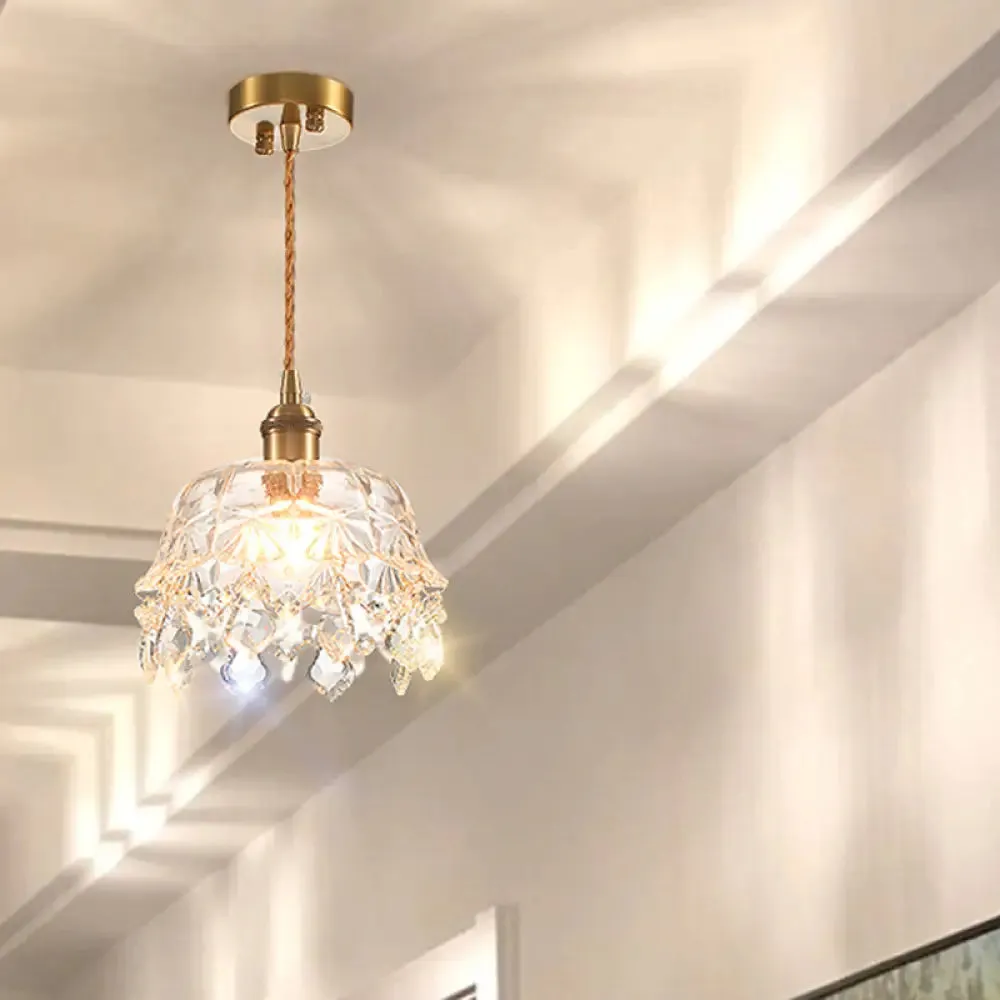 Retro Dome Clear Glass Pendant Ceiling Light with Crystal Accent