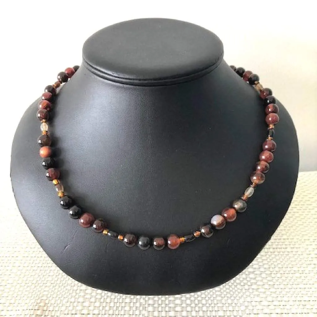 Round Brown and Black Agate Beaded Mens Necklace