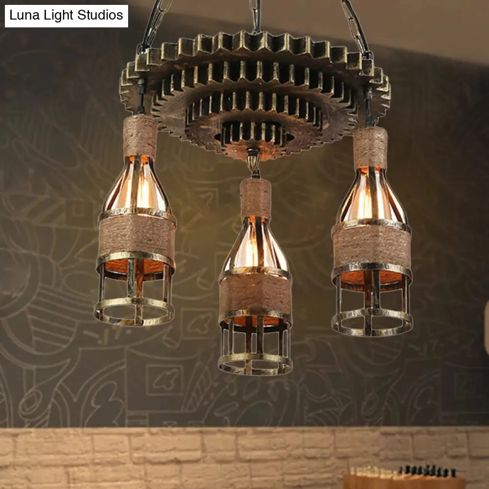 Rustic Industrial 3-Light Bar Pendant Lamp with Gear Decoration - Bottle Caged Iron Ceiling Hanging Light