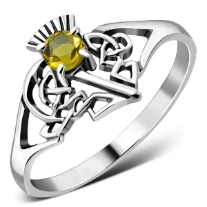 Scottish Thistle Citrine Stone Silver Ring