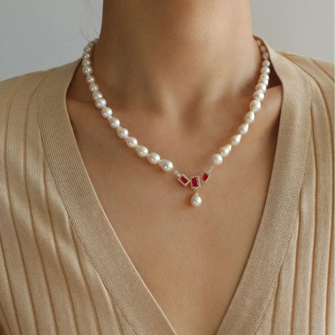 Seiko Ruby Water Drop Pearl Beaded Necklace