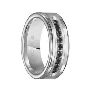 SILAS Polished Tungsten Carbide Wedding Band with Brush Finished Silver Inlay and 1/2 Carat of Channel Set Black Diamonds by Triton Rings - 8mm