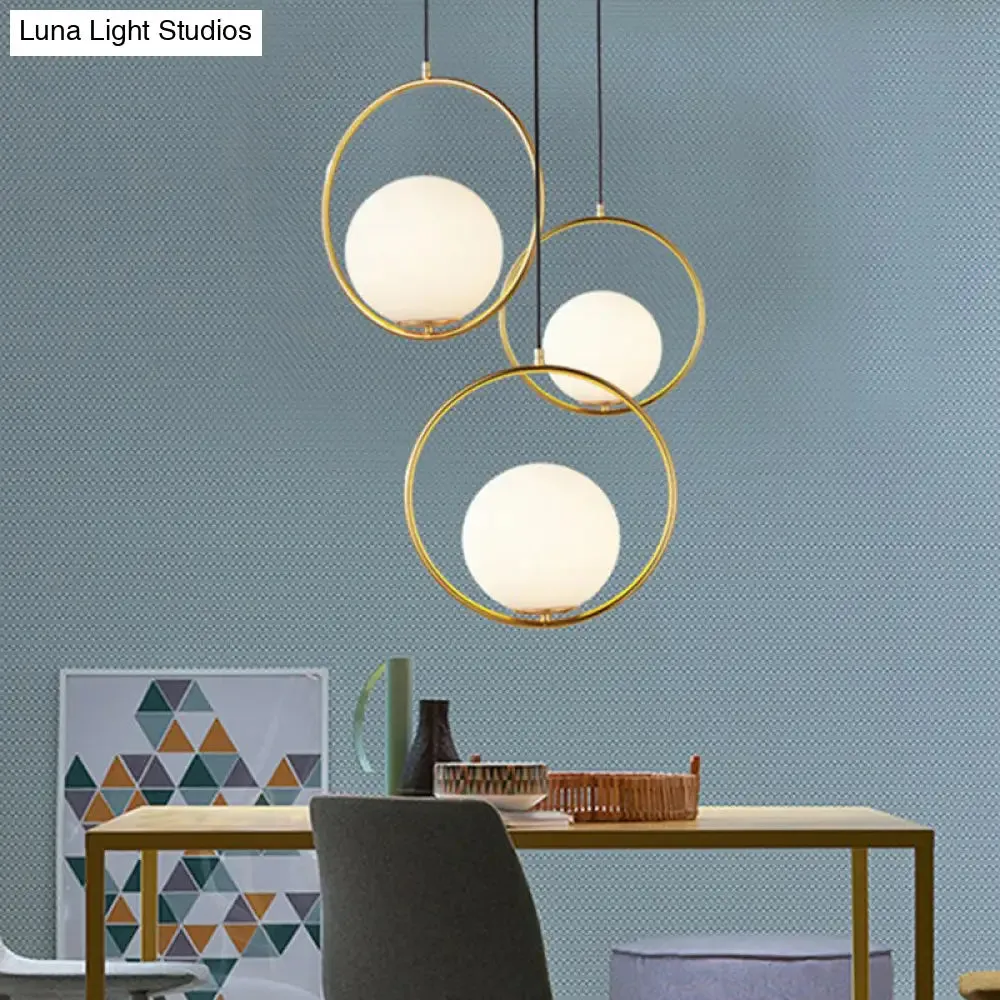 Sleek White Glass Hanging Pendant Light with Brass Metal Ring – Post-Modern Design