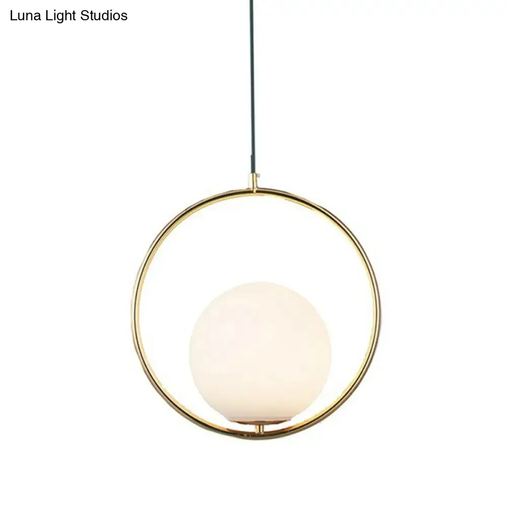 Sleek White Glass Hanging Pendant Light with Brass Metal Ring – Post-Modern Design