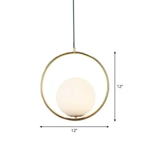 Sleek White Glass Hanging Pendant Light with Brass Metal Ring – Post-Modern Design