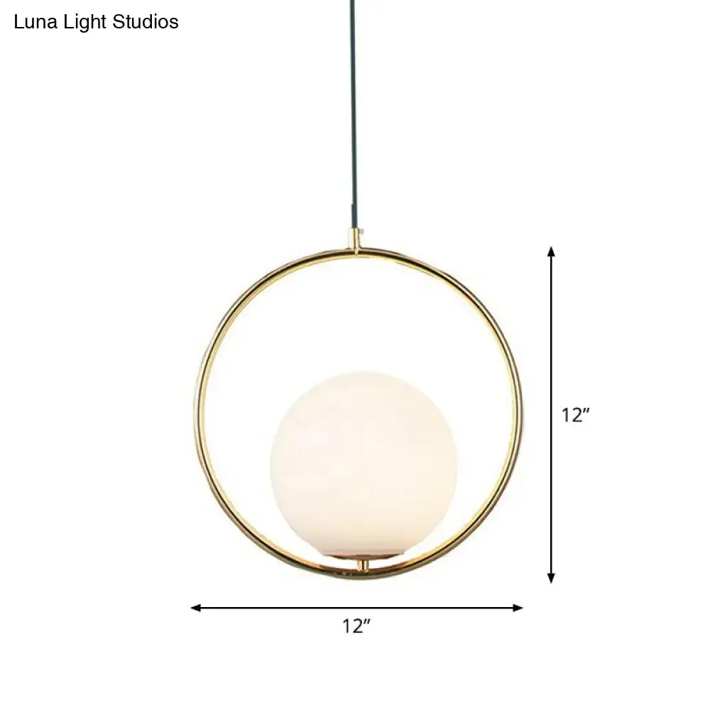 Sleek White Glass Hanging Pendant Light with Brass Metal Ring – Post-Modern Design