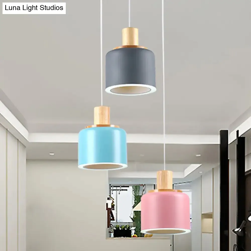 Small White Drum Cluster Pendant Light with 3 Metallic Heads and Wood Top - Minimalist Ceiling Hang Fixture