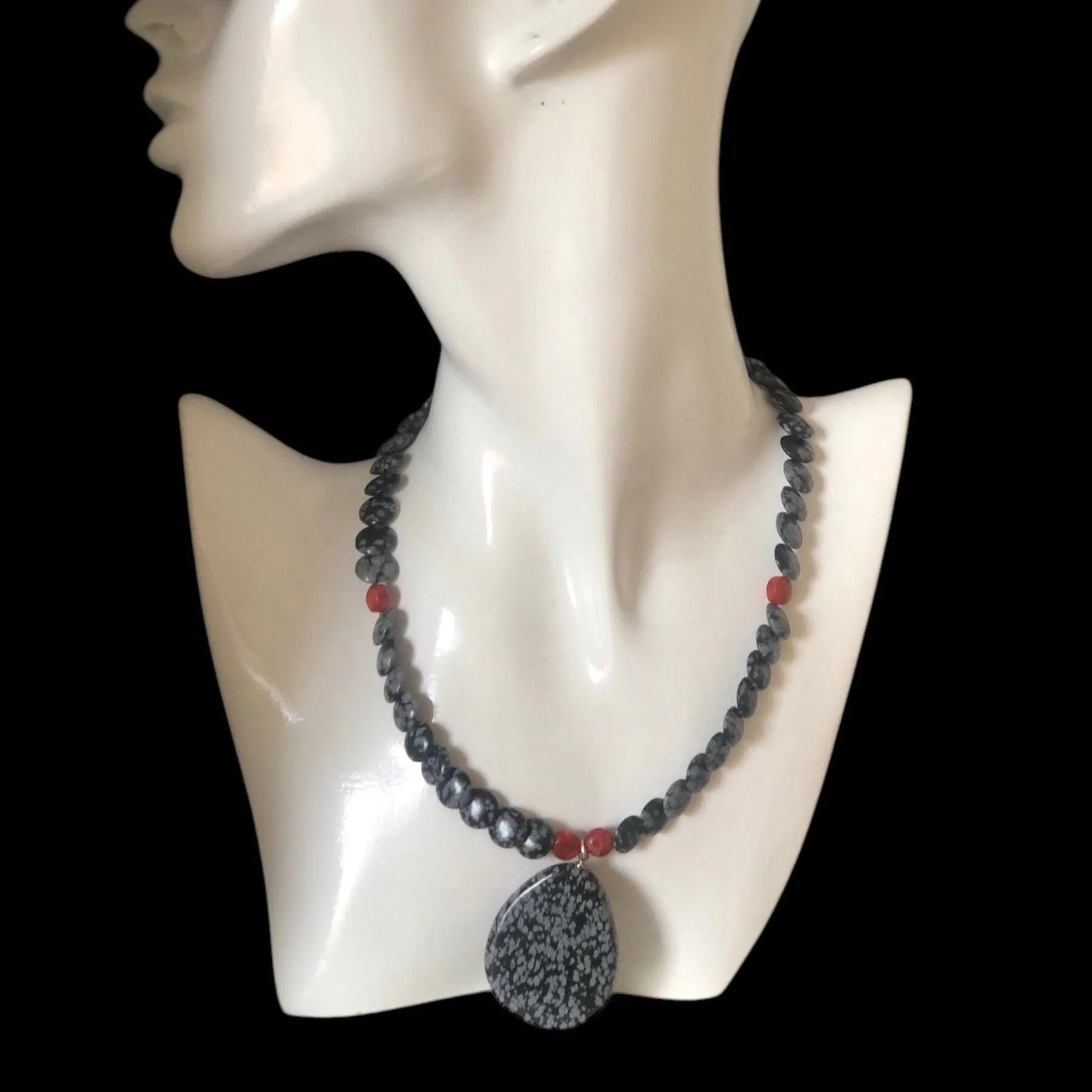 Snowflake Obsidian and Red Coral Beaded Choker Necklace