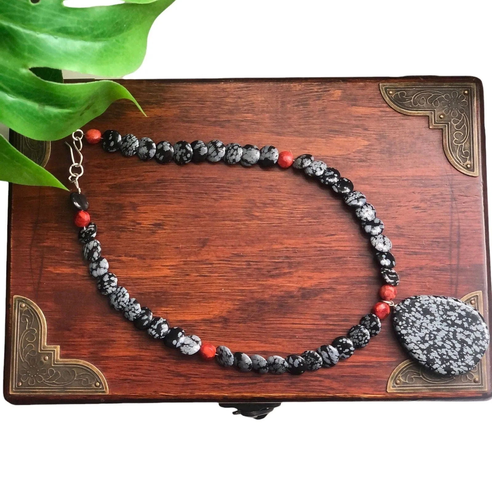 Snowflake Obsidian and Red Coral Beaded Choker Necklace