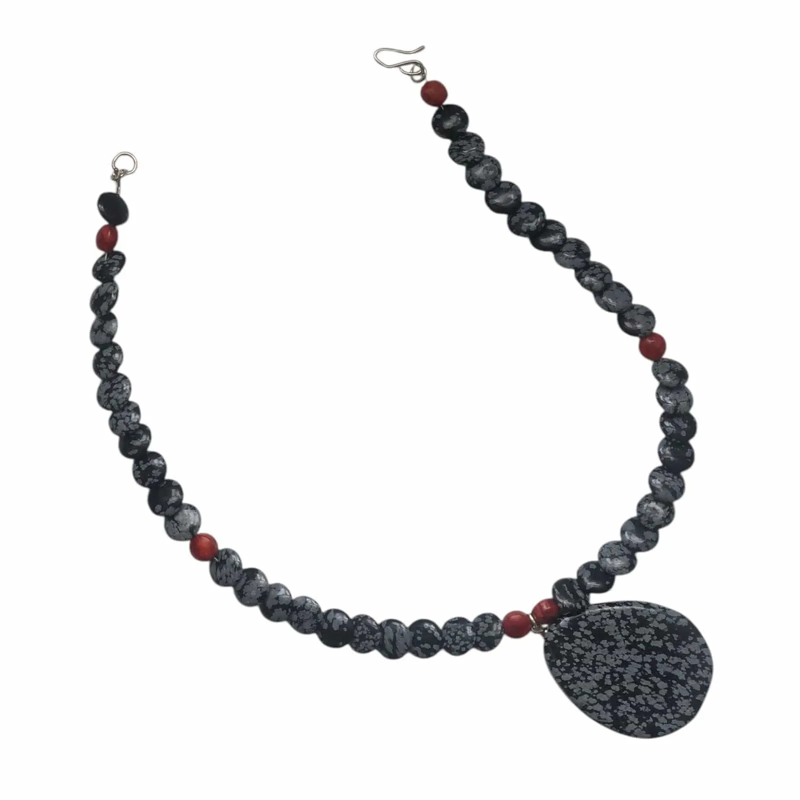 Snowflake Obsidian and Red Coral Beaded Choker Necklace