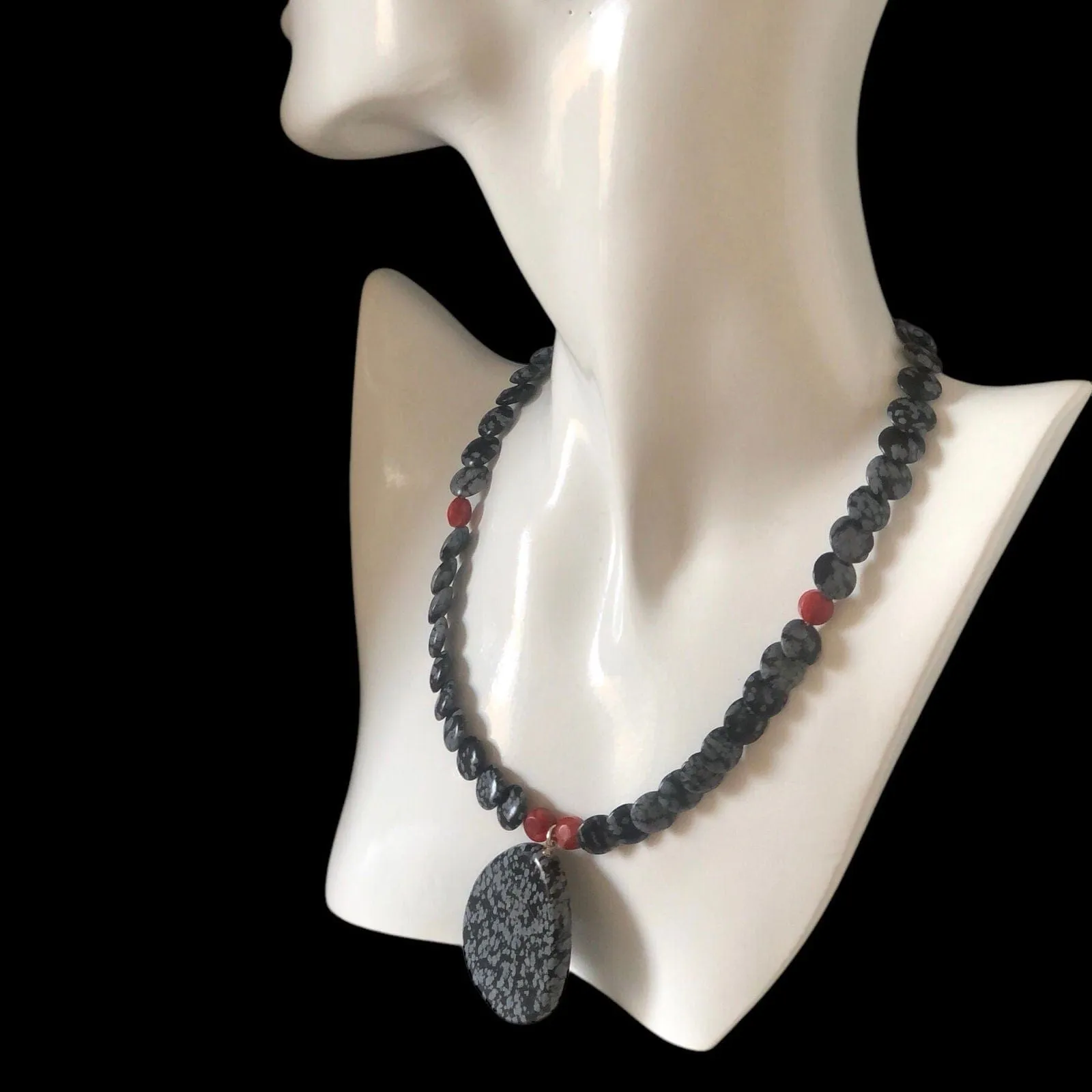 Snowflake Obsidian and Red Coral Beaded Choker Necklace