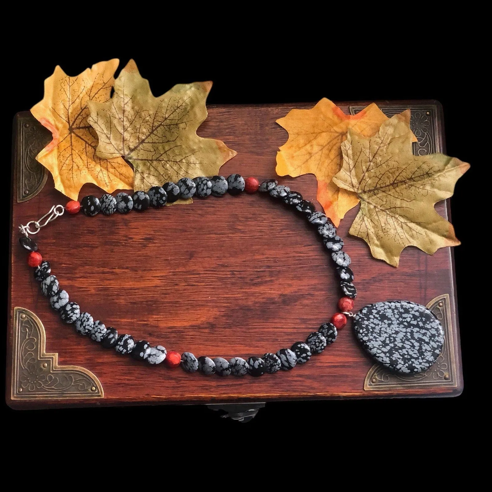 Snowflake Obsidian and Red Coral Beaded Choker Necklace