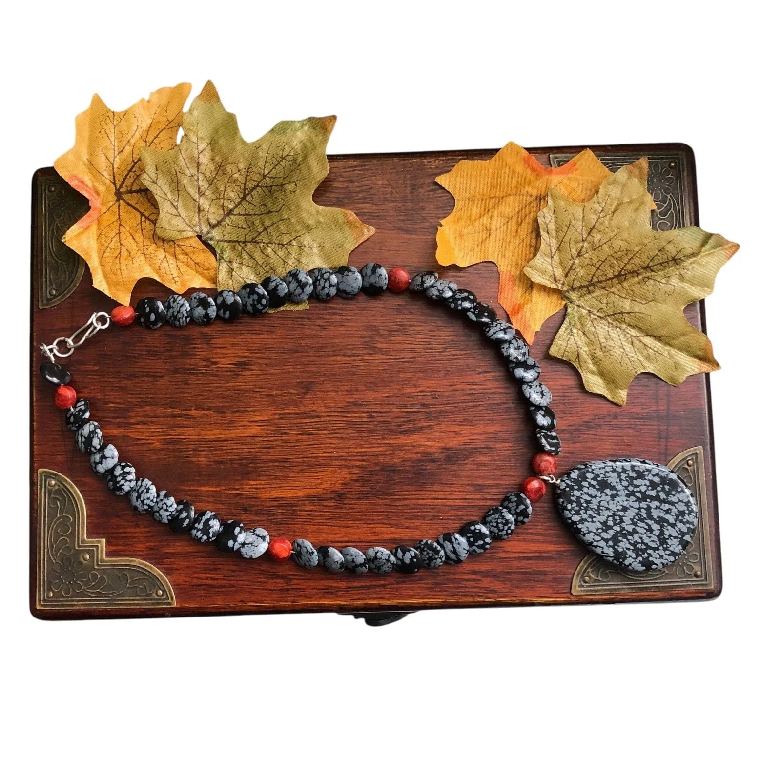 Snowflake Obsidian and Red Coral Beaded Choker Necklace