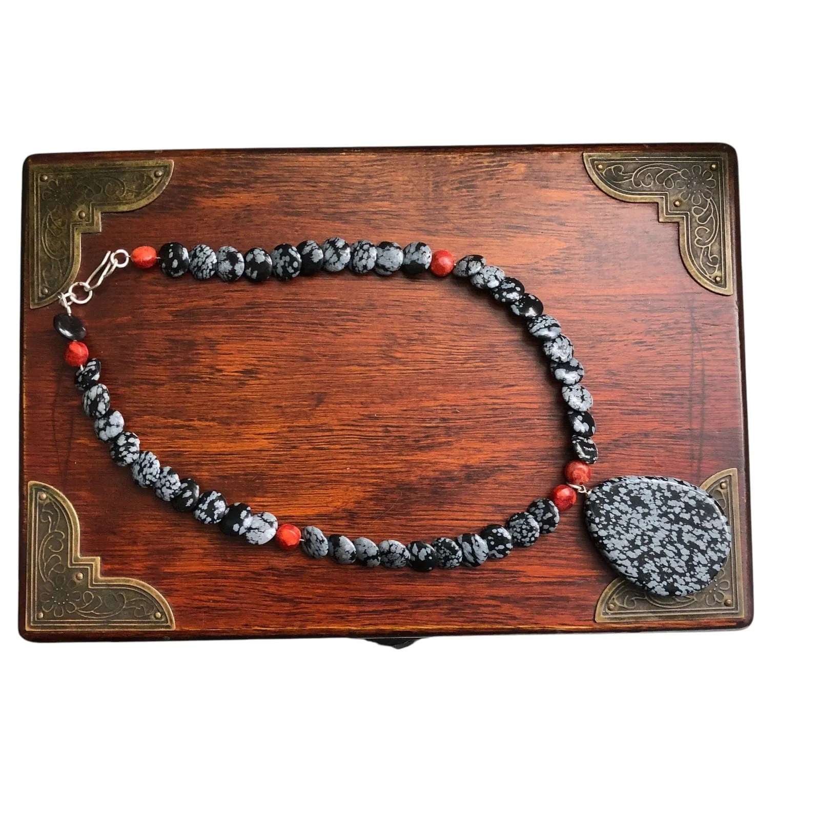 Snowflake Obsidian and Red Coral Beaded Choker Necklace