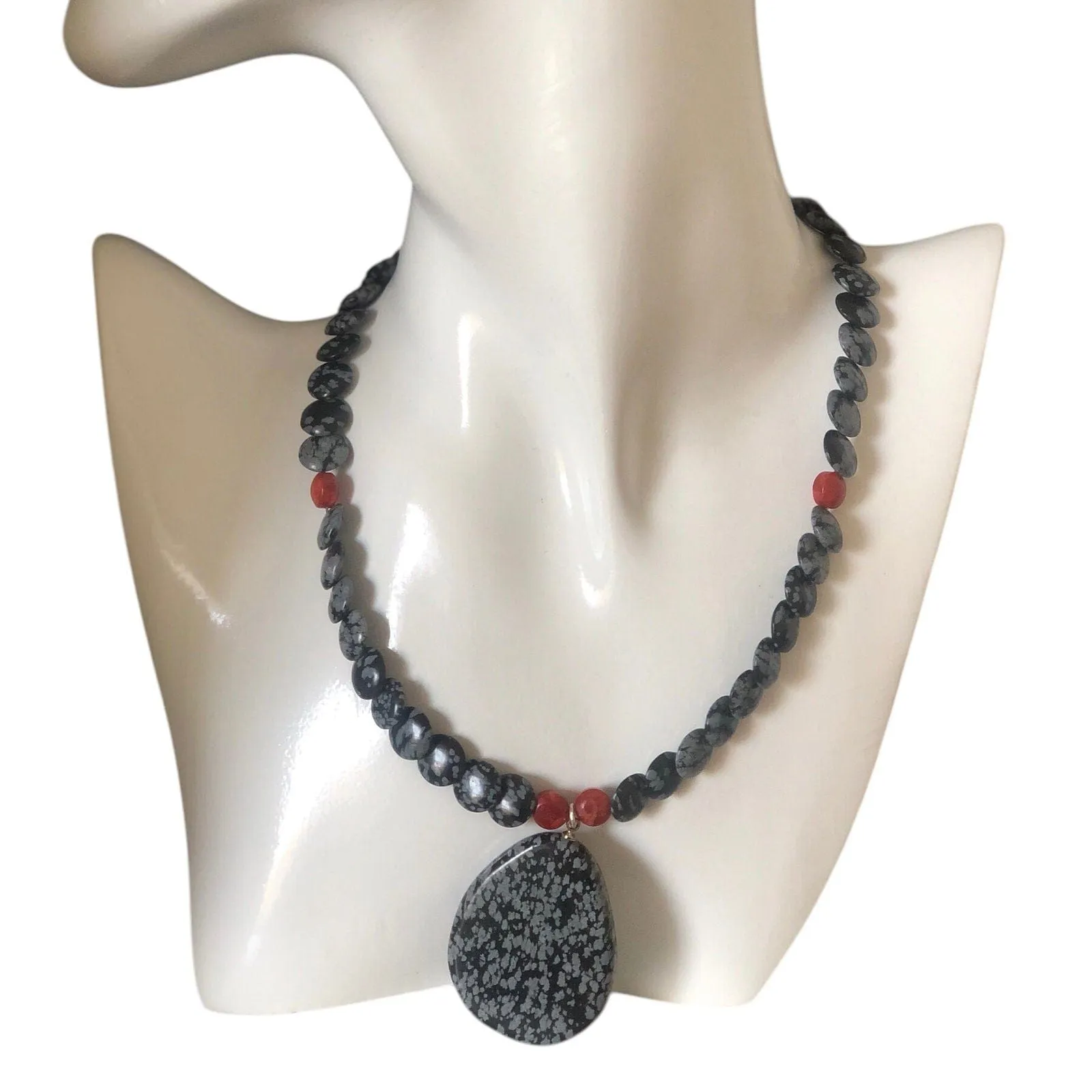 Snowflake Obsidian and Red Coral Beaded Choker Necklace