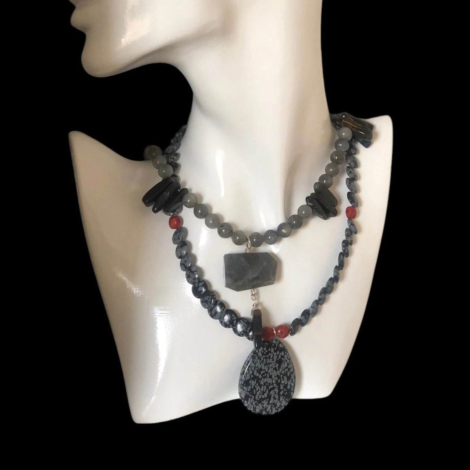 Snowflake Obsidian and Red Coral Beaded Choker Necklace