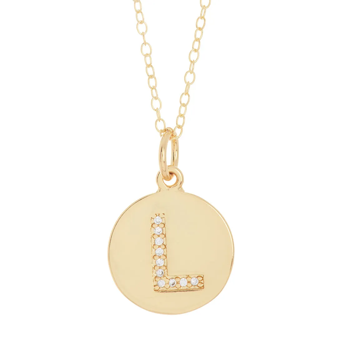 Tarnish Resistant 14k Gold Plated Initial Pave Disc Necklace