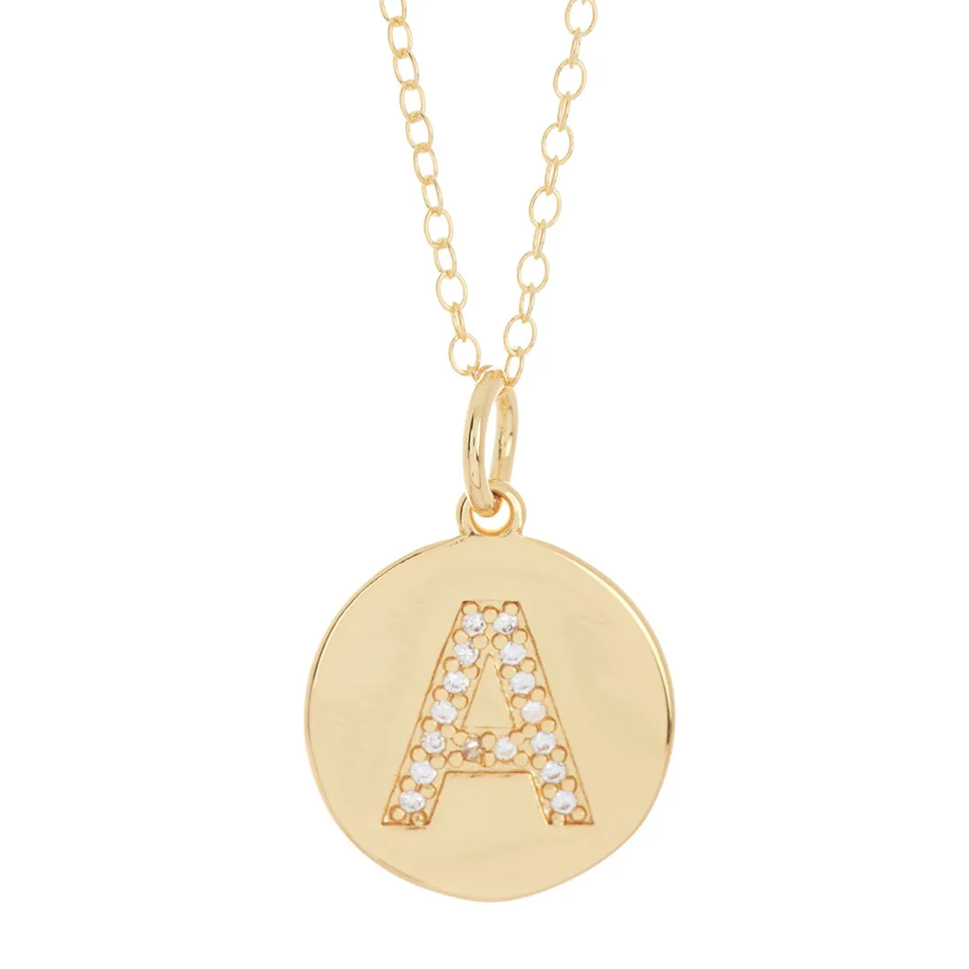 Tarnish Resistant 14k Gold Plated Initial Pave Disc Necklace