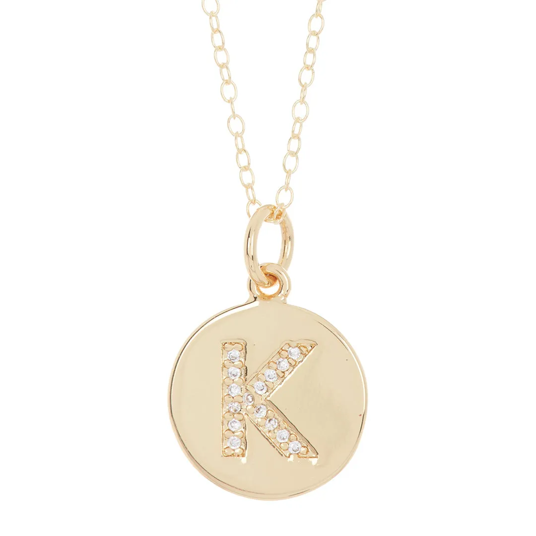 Tarnish Resistant 14k Gold Plated Initial Pave Disc Necklace