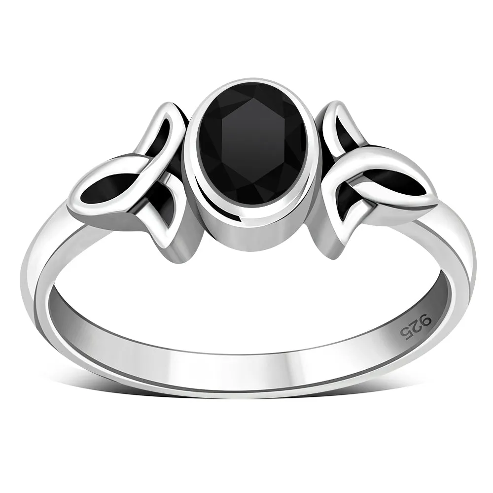 Thin Celtic Faceted Black Onyx Stone Silver Ring