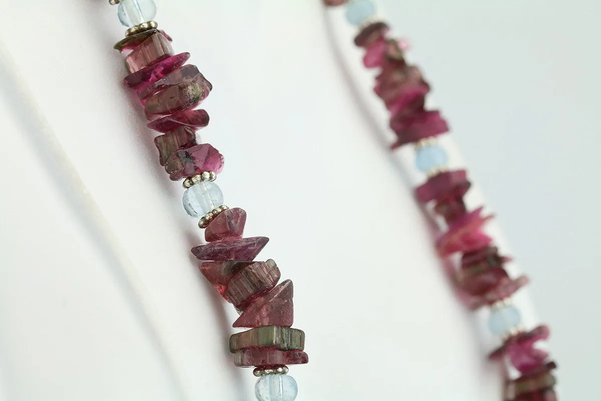 Tourmaline & Aquamarine Beaded Necklace 24"