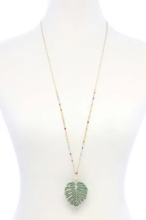 Tropical Leaf Pendant Beaded Long Necklace