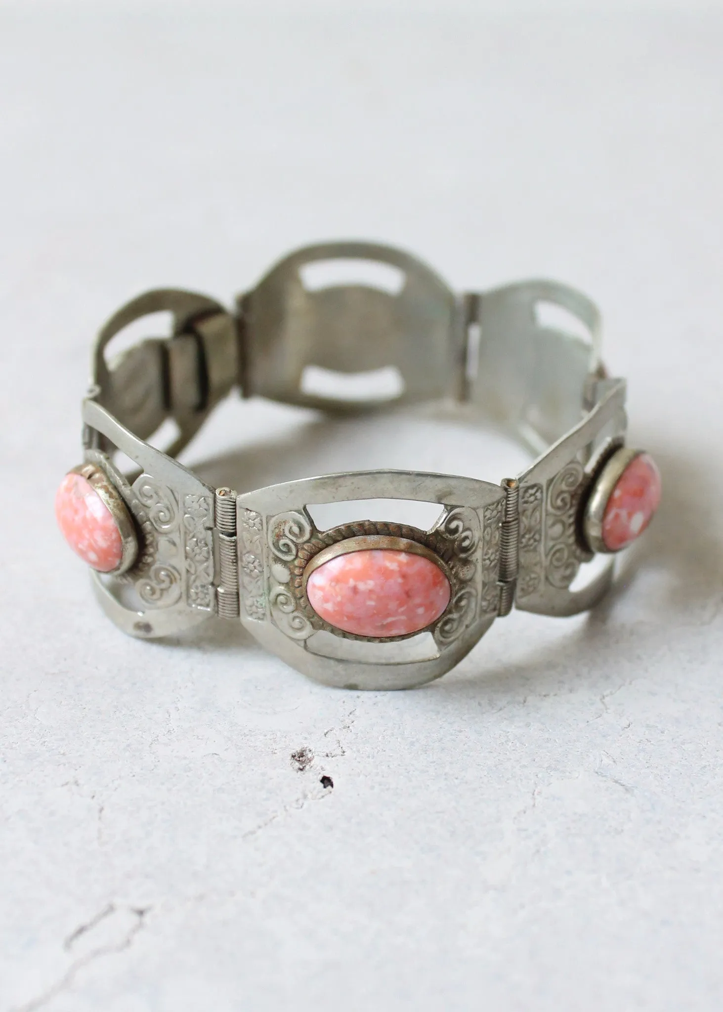 Vintage 1950s Mexican Sterling Silver and Pink Glass Bracelet