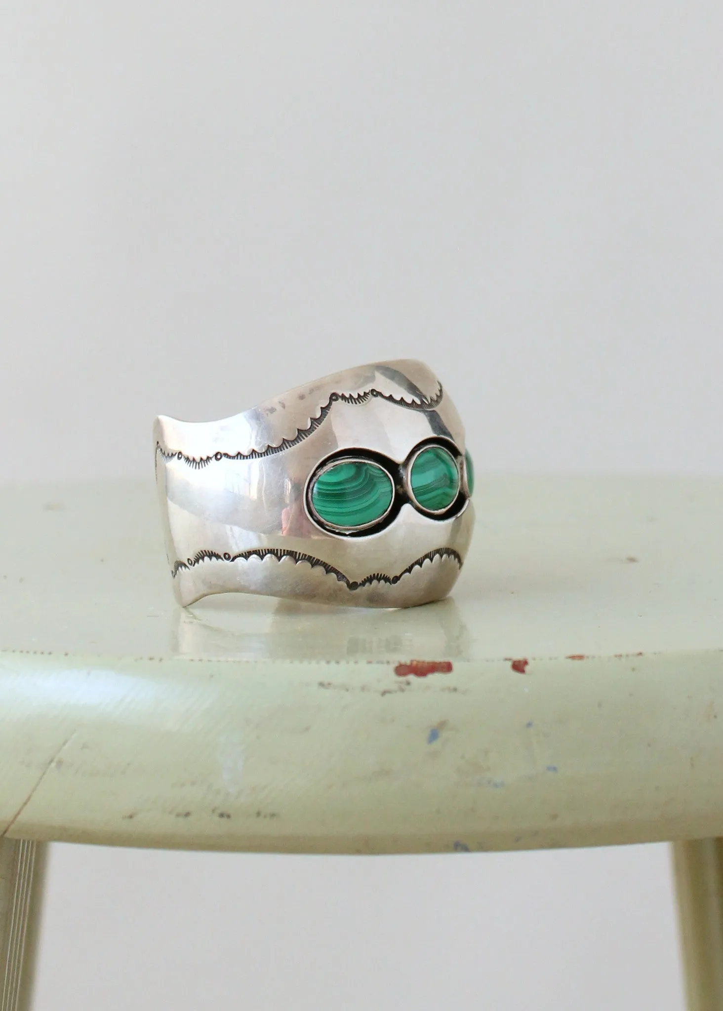 Vintage 1970s Sterling Silver and Malachite Signed Cuff Bracelet